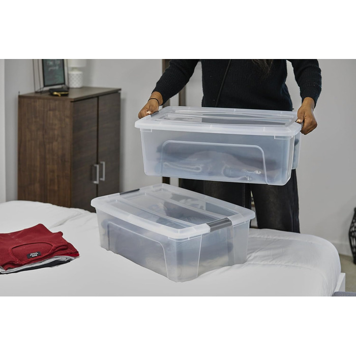 Iris Ohyama Storage Boxes with Lid, 60L, 4-Piece Set, Silver, Secure Closure, Stackable, Handles, for Bedroom, Closet, Office, Organization, BPA-Free Plastic, Storage Boxes, NTB-60 (Silver, 30L/4-Piece Set)