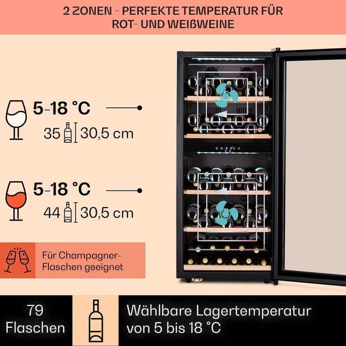 Klarstein Wine Refrigerator - Freestanding 33 Bottle Wine Cooler with Dual Zone & Glass Door - Indoor/Outdoor Beersafe with LED Lighting - 5-18°C