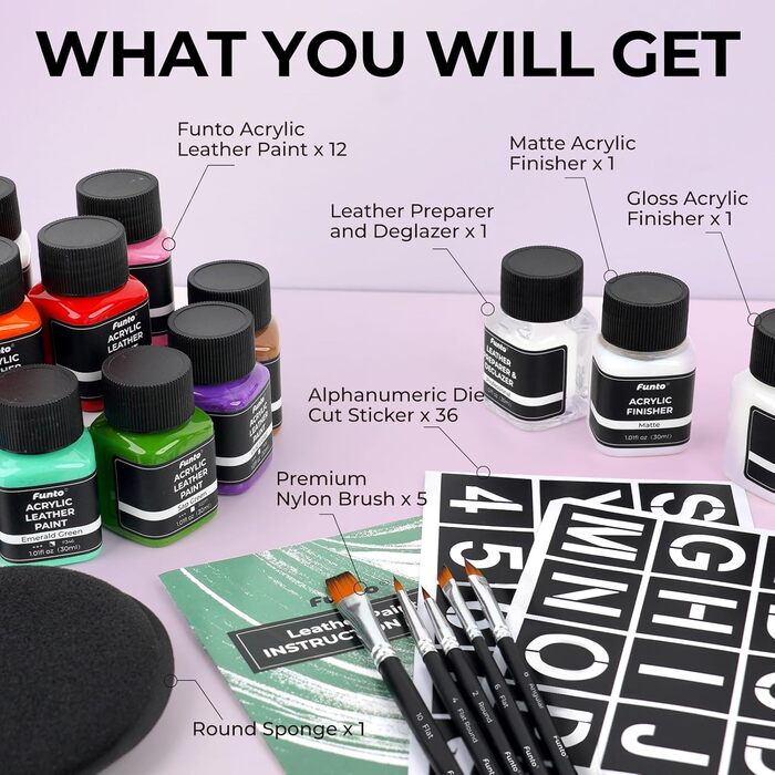 Funto Acrylic Leather Paint Set 12 Colors with Leather Cleaner, 2 Acrylic Gloss Lacquers, 5 Nylon Brushes, a Round Sponge, and 36 Alphanumeric Stickers. Perfect DIY set for shoes, jackets