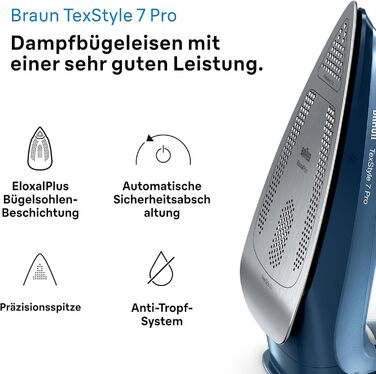 Праска з парою Braun TexStyle 7 Pro SI 7160 BL - Freeglide 3D підошва, вертикальний пар, 3000 Вт, блакитна