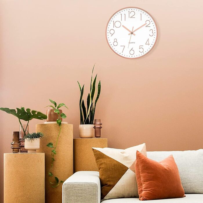 Foxtop Wall Clock Radio-Controlled Wall Clock 30 cm Silent & No Ticking Large Dial Analog without Ticking For Kitchen, Living Room, Bathroom DCF Radio Signal Modern Design White-Gray (White-Rose Gold)