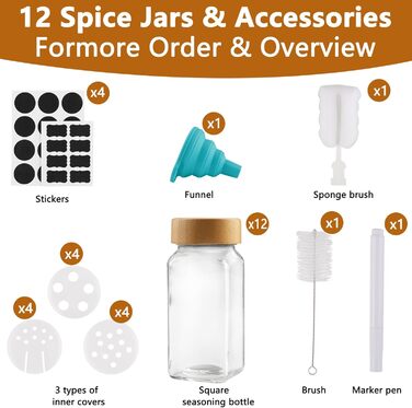 Набір банок для спецій квадратних [12 штук] з бамбуковою кришкою, 120 мл, з воронкою, наклейками, щіткою та ситами