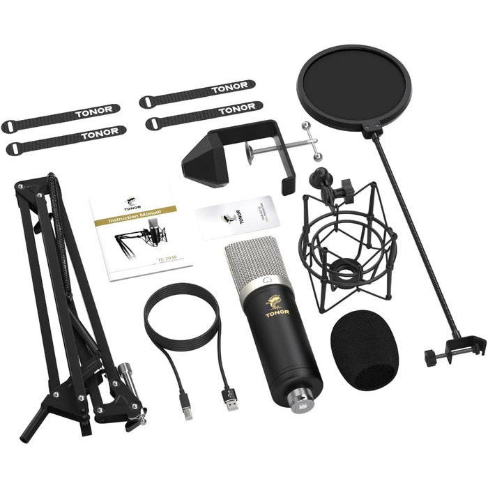 Мікрофон TONOR TC-2030 USB з великою мембраною для ПК, студії, стрімінгу, YouTube, співу, геймінгу. Комплект з мікрофонним штативом. 192 кГц/24 біт.