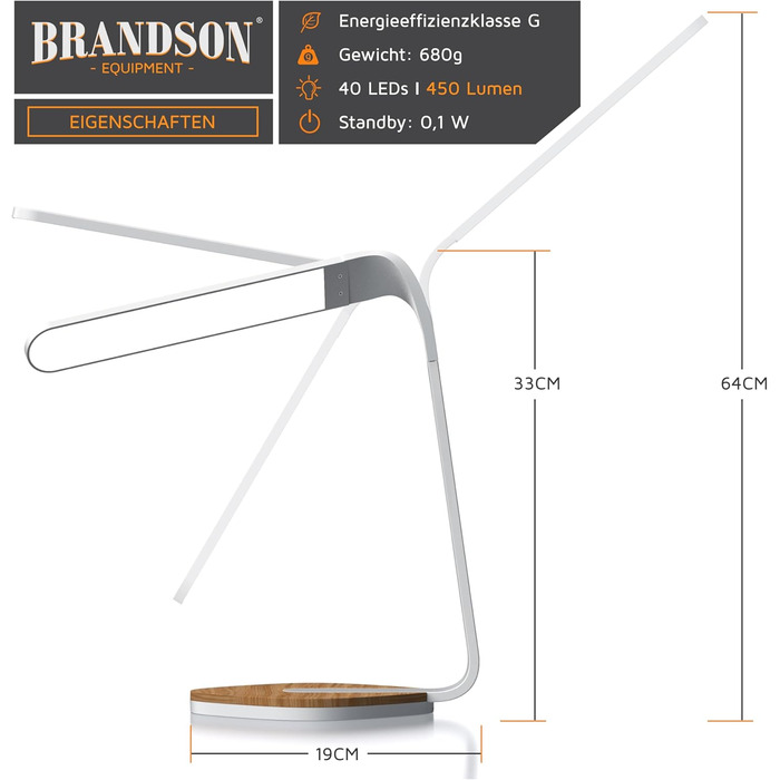 LED лампа настільна Brandson з деревом, регульована яскравість, 5 рівнів, 3 температури світла, для очей, 450 люмен, сенсорне управління, для офісу, читання, навчання, біла