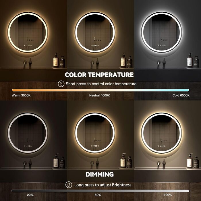 Дзеркало для ванної кімнати Dripex круглої форми з підсвічуванням LED, сенсорне керування, регулювання яскравості, 3 кольори світла, запобігання запотіванню, 60x60 см