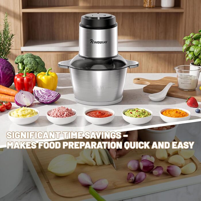 Електричний подрібнювач для кухні 2L з нержавіючої сталі. Подрібнювач для м'яса, овочів та цибулі з 4 лезами.