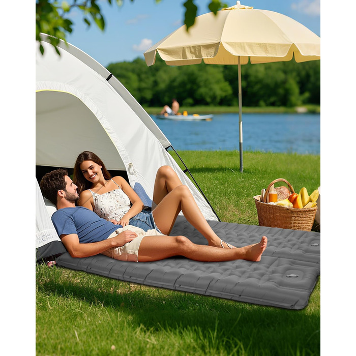Tixexo Self-Inflating Sleeping Pad - Camping Air Mattress with Foot Pump - 13cm Thick, Spliceable, Outdoor Hiking & Camping Cushion - Grey