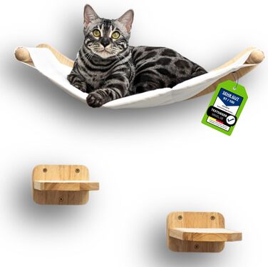 AZANO® Cat Wall | XL Cat Hammock [Extra Stable and Large] with Cat Ladder for the Wall | Cat Ladder with Sleeping Place | Climbing Cat Bed Made of Natural Wood | 3-Piece (with Steps)