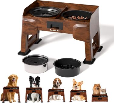 Підвищена годівниця для собак Gardner 2-в-1: миска для води без розливу та миска для повільного годування з регульованою висотою, 5 рівнів, протиковзна, для середніх та великих собак