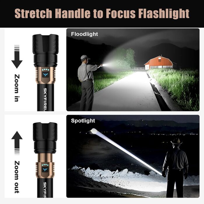 Ліхтар налобний LED Skyfire 900000 Люмен з лінзою для розпалювання вогню, USB-зарядка, 4 режими яскравості, Zoom, для кемпінгу, надзвичайних ситуацій та походів (чорне золото)