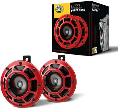 Електричний звуковий сигнал HELLA B133, 12В, 118дБ, 300/500Гц, низький/високий тон, комплект 2 шт., червоний/чорний, плоский роз'єм