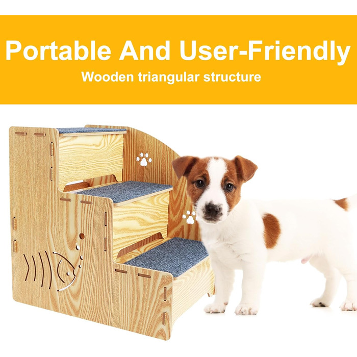 Сходинка для котів та собак з натурального дерева, 3 сходинки, 35 см, стабільна та неслизька