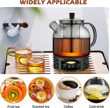Скляний чайник для заварювання чаю 1500 мл з ситечком та підставкою-підігрівачем із нержавіючої сталі