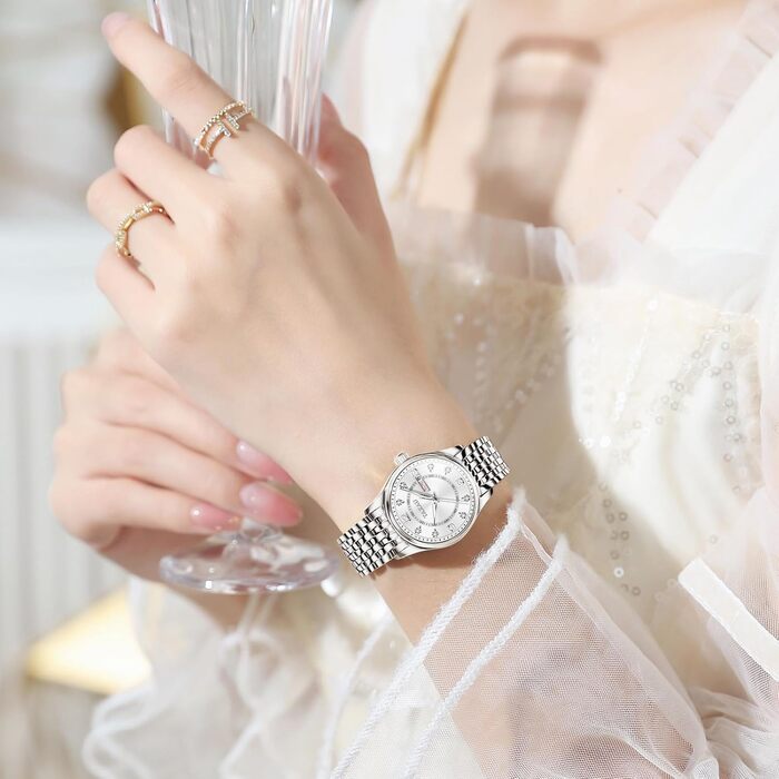 Жіночий годинник з арабськими цифрами, маленьке циферблат, Easy Read, з датою, з нержавіючої сталі, водостійкий, сріблястий браслет, біле циферблат (8102g)