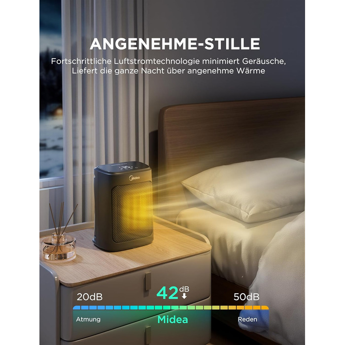 Електричний обігрівач Midea Ceramic 2000W з термостатом, 3 режими, таймер 24г, захист від перегріву та перекидання, миттєве тепло для офісу та спальні, 22 см, чорний