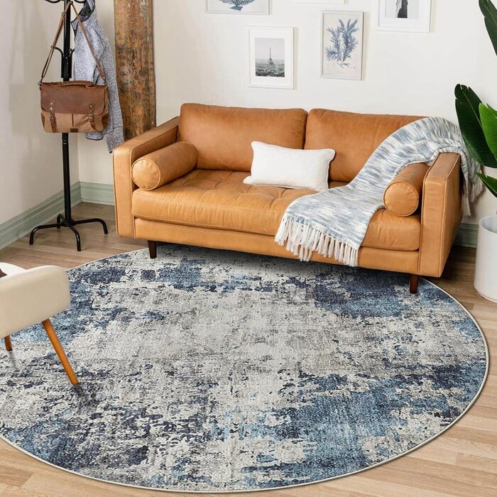 Кілимок для вітальні синього кольору, вінтажний, з ефектом розмиття, короткий ворс, килими, миючий, нековзний, для спальні (160 см, круглий, абстрактний синій)