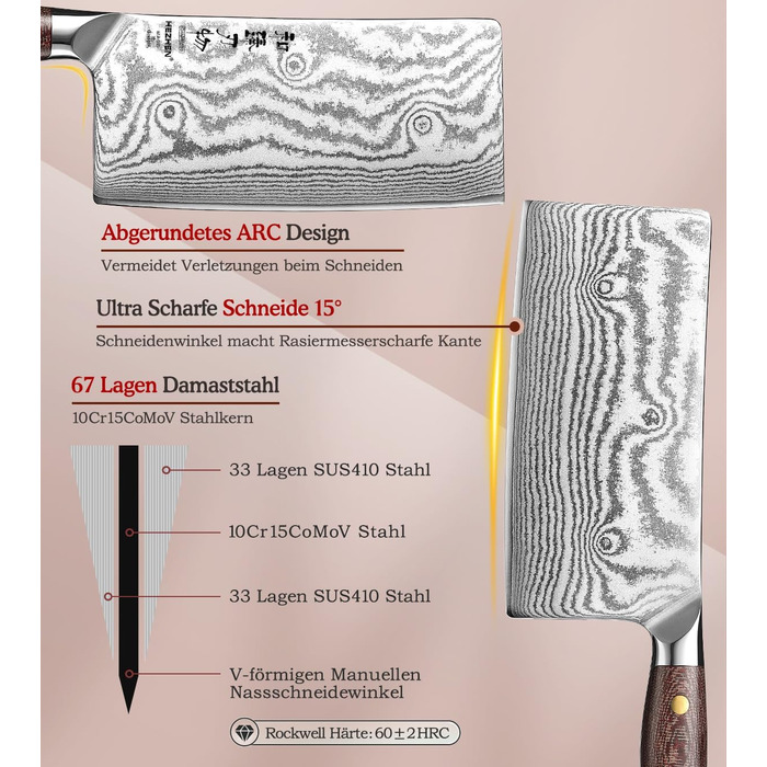 HEZHEN ніж кухарський 21 см дамаст 67 шарів, професійний ніж для кухні з дерев'яною піхвою, full tang ручка з Micarta