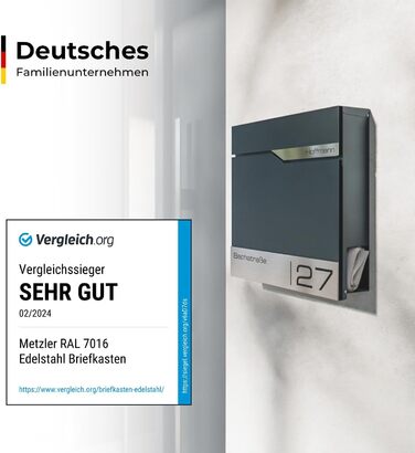 Поштовий ящик Metzler Anthrazit RAL 7016 з газетницею та табличкою з нержавіючої сталі V2A, антикорозійний, сучасний, 10 років гарантії на запчастини
