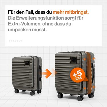 Чемодан ручної об'єм 55x40x23 см Travely Premium, розширюваний, з TSA замком та відділенням для ноутбука, 41-50 л, сірий
