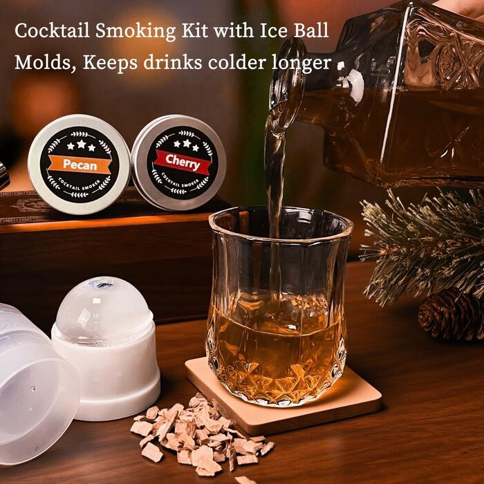 Набір для копчення коктейлів: 6 смаків, дерев'яні чипси, форми для льоду, 2 склянки. Ідеальний подарунок для чоловіків. (Без бутану)