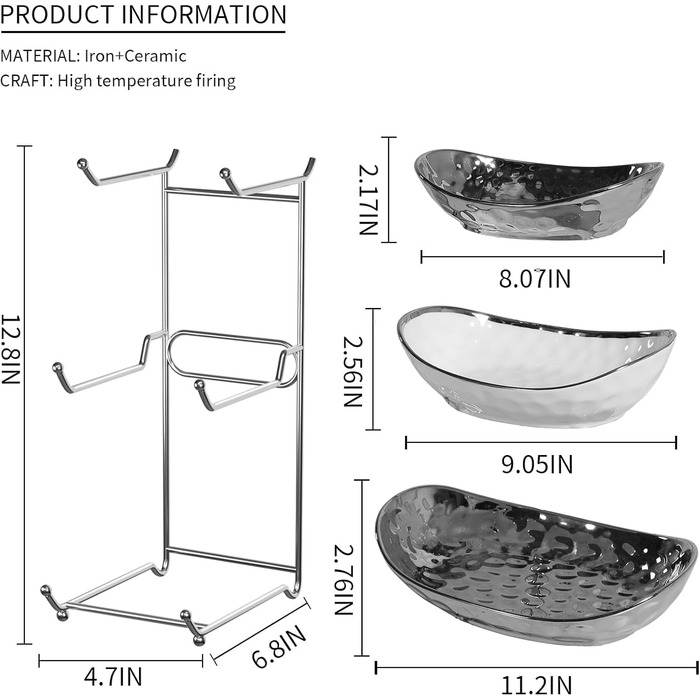 Набір для фруктів та овочів Acliys 3 яруси з кераміки, набір для кухні, порцелянові миски для зберігання фруктів, овочів, снеків, десертів, тортів, тарілка-решітка для вечірки, весілля, сріблястий