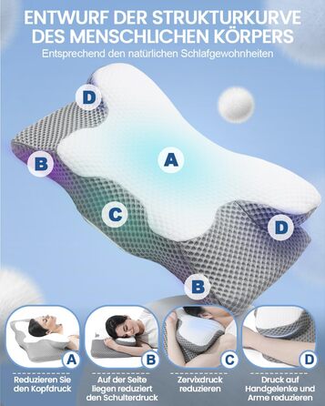 Ортопедична подушка для шиї з Memory Foam, Ergonomische, 2 висоти, для сну на боці, спині та животі, сірого кольору