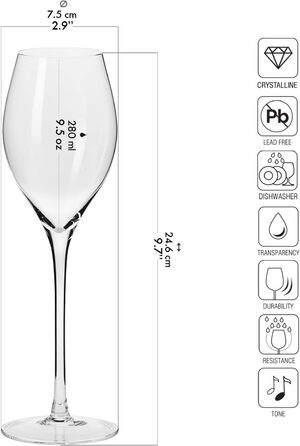 Кроснo Champagnergläser Prosecco-Gläser | Набір 6 | 280 мл | Колекція Harmony | Сектарі, шампань | Ідеально для дому, ресторанів та свят | Можна мити в посудомийній машині Prosecco 280 мл (6 шт.)