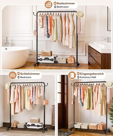 Міцний вішак для одягу на коліщатках Yorbay: металева стійка з полицею для багажу - компактна шафа для спальні, пральні, магазину (чорний, 117 см)