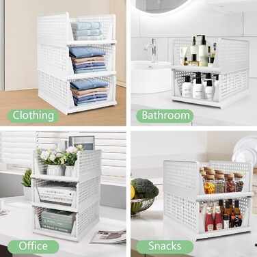 Diealles Stackable Drawer Boxes, 4 Pack Closet Organizer Pull Out, Plastic Drawer Organizer Closet, Foldable Closet Drawers for Clothes Closet Pantry (White)