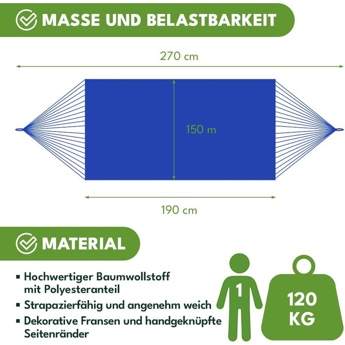 Гамак KRUMAD 260 см, до 250 кг, водостійкий, бавовна-поліестер, для саду, балкону, кемпінгу, з дерев'яними розпірками та сумкою (Синій, 150x200 см)
