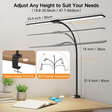 OUTON LED лампа настільна з двома головками, 85.5 см, USB-A & C, регульована яскравість 1600LM, 5 температур кольору, таймер, кріплення, для офісу та дому, чорний