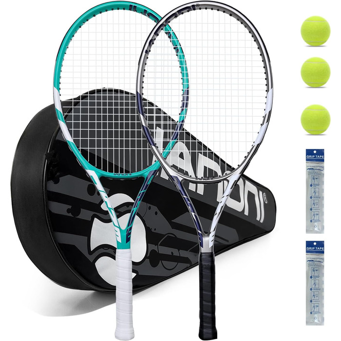 Adult Prestrung Tennis Set - Lightweight, 68.6cm - 2 Rackets, 3 Balls, 2 Grips, Vibration Dampeners - Grey & Green