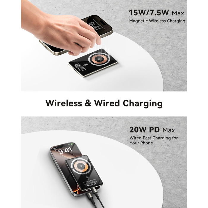 Powerbank Kuulaa MagSafe 5000mAh, Швидка зарядка, USB-C, для iPhone 17/16/15/14/13/12/Pro/Pro Max, срібло