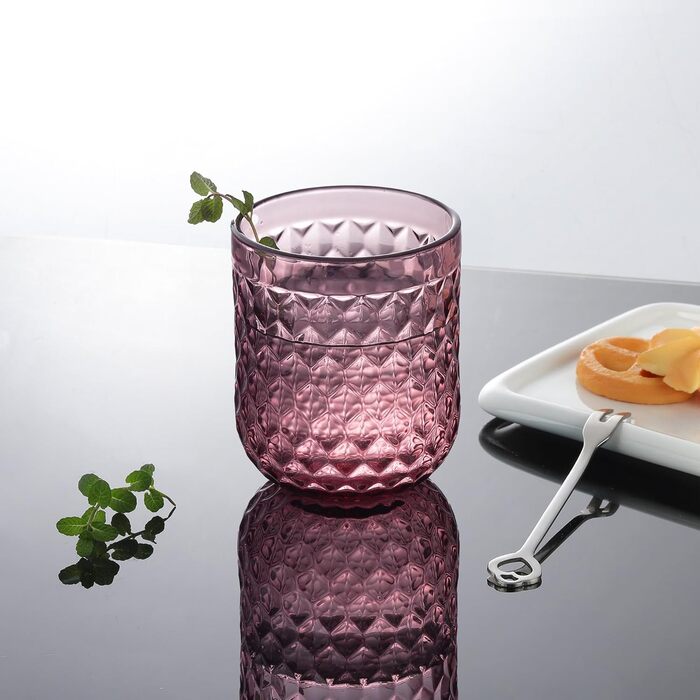 Joeyan 200ml Small Violet Drinking Glasses Set of 6, Colored Water Glasses Set with Diamond Embossed Design, Vintage Glasses Set for Home Restaurant Bar, Dishwasher Safe