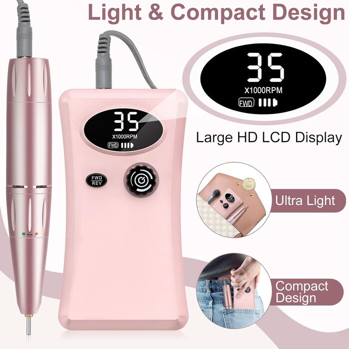 Електрична машинка для манікюру Urbuti 11 в 1, 35000 об/хв, USB, рожева. Набір для професійного манікюру з фрезерами для гелю та лаку