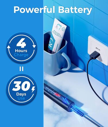 Електрична зубна щітка Demita зі звуковими вібраціями, 8 насадок, 40000 VPM, 5 режимів, швидка зарядка (30 днів роботи), чорний (S1)