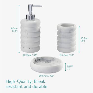 Набір для ванної кімнати Navaris: дозатор мила, стакан для зубної пасти, 3 предмети. Аксесуари для ванної кімнати з штучного каменю (білий)