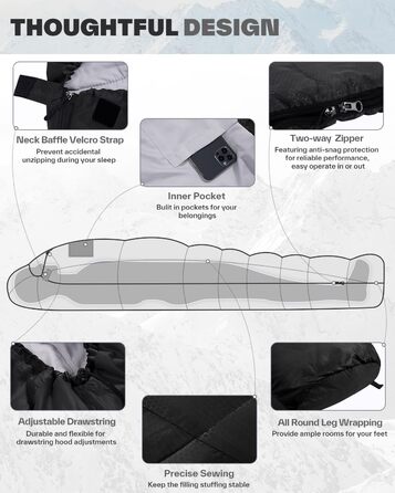 Сплячий мішок Sportneer - компактний та ультралегкий (950г/1500г) - кокон для кемпінгу та подорожей. 3-4 сезонний спальний мішок для чоловіків, жінок та дорослих. Чорний колір.