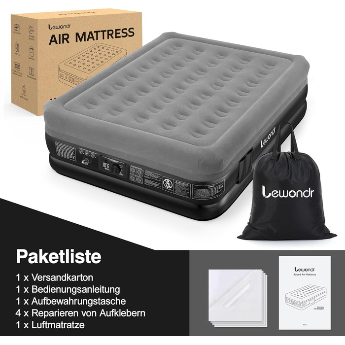 Надувне ліжко Lewondr на 2 особи з вбудованим насосом, 203x152x46 см, сірого кольору. Комфортна повітряна матрац для дому, відпочинку, кемпінгу та гостей. Максимальне навантаження 300 кг.