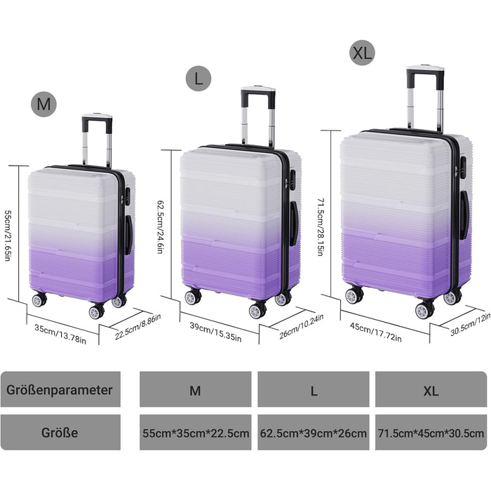 Набір валіз 3 шт., валіза з жорстким корпусом, ручна валіза, набір валіз з полікарбонату, легка та міцна, з обертовими колесами на 360° та замком TSA (перехідний колір фіолетовий)