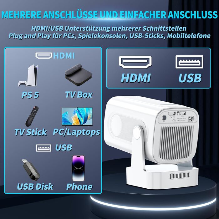 4K проєктор Beamer Full HD 1080P Android: портативний міні-проєктор з WiFi 6, Bluetooth 5.2, 270° обертанням, підтримкою PC/HDMI/USB, з пультом та мишкою, білий
