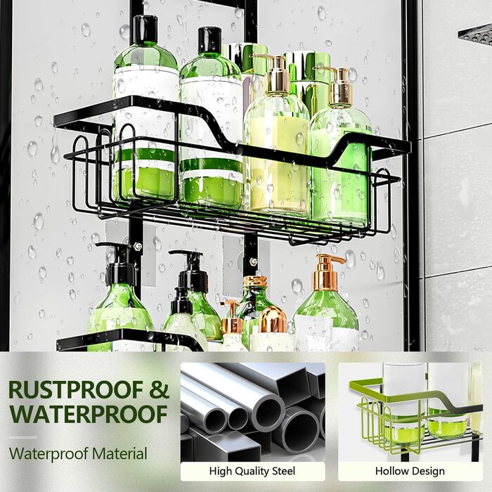 Поличка для душу без свердління, чорна, настінна, для скляних дверей, з 3 кошиками для шампуню та гелю для душу, стильна модель A