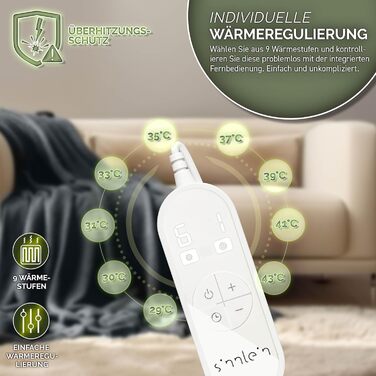 Електрична ковдра Sinnlein® з плюшем 200 x 180 см сірого кольору | з автовимкненням, таймером, 9 температурними режимами, цифровим дисплеєм та можливістю прання до 40°C