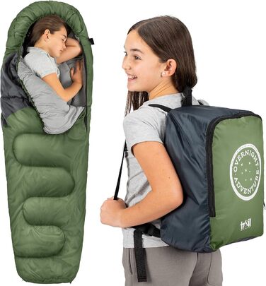 Дитячий спальний мішок Trail Mumienschlafsack 3 сезони для кемпінгу – 300gsm – для хлопчиків та дівчаток – з легким рюкзаком (Хакі)