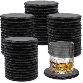 24-Piece Round Slate Coasters, VIBRATITE 10.2 cm, Black Slate Coasters with Scratch-Resistant Bottom for Drinks, Bar, Kitchen, Home Decor (60-Piece Round)