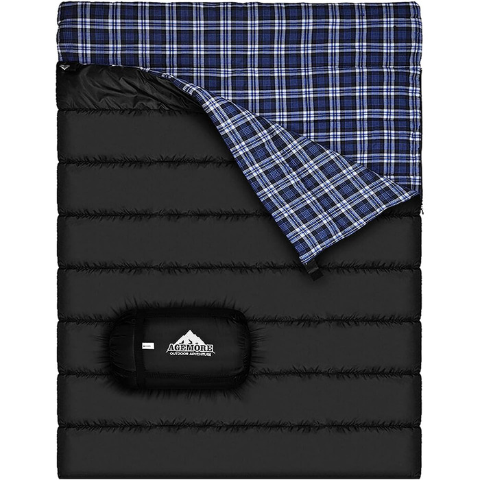Cotton Flannel Double Sleeping Bag for Camping, Hiking, and Backpacking - Queen Size 2 Person Waterproof Sleeping Bag for Adults & Teens - Lightweight Black/Blue