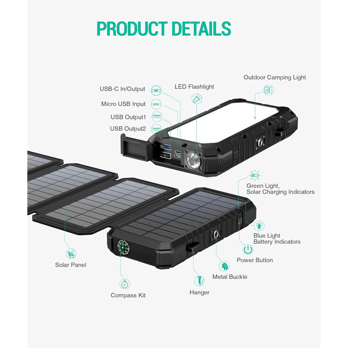 Powerbank BLAVOR 20000mAh з сонячною панеллю, USB-C PD 18W, для зарядки телефону та планшета, чорний