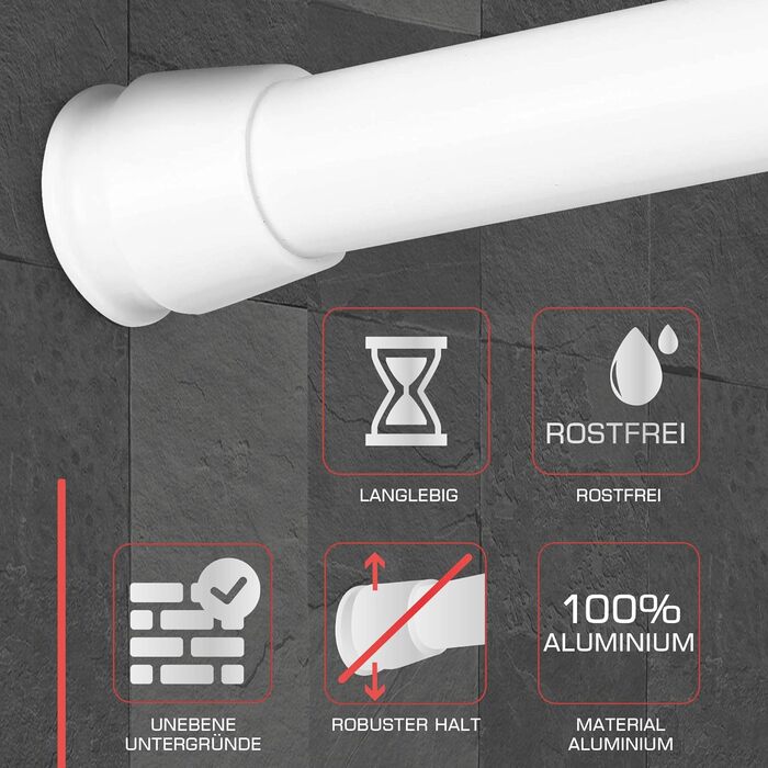 Телескопічна штанга для душу без свердління, 140-260 см, регульована – штанга для карнизів, що кріпиться без свердління, протиковзна, для душу, біла