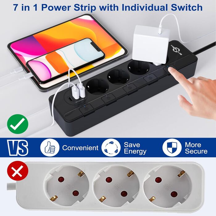 Мережевий фільтр KEPLUG з USB (4000W, 16A) - 6 розеток, 3 USB, індивідуальне вмикання, захист від дітей, 2м кабель, чорний