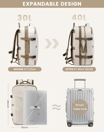 LOVEVOOK Рюкзак для ручної поклажі 30-40L, розширюваний, для ноутбука 17 дюймів, чорний, антикрадійний, чоловічий/жіночий